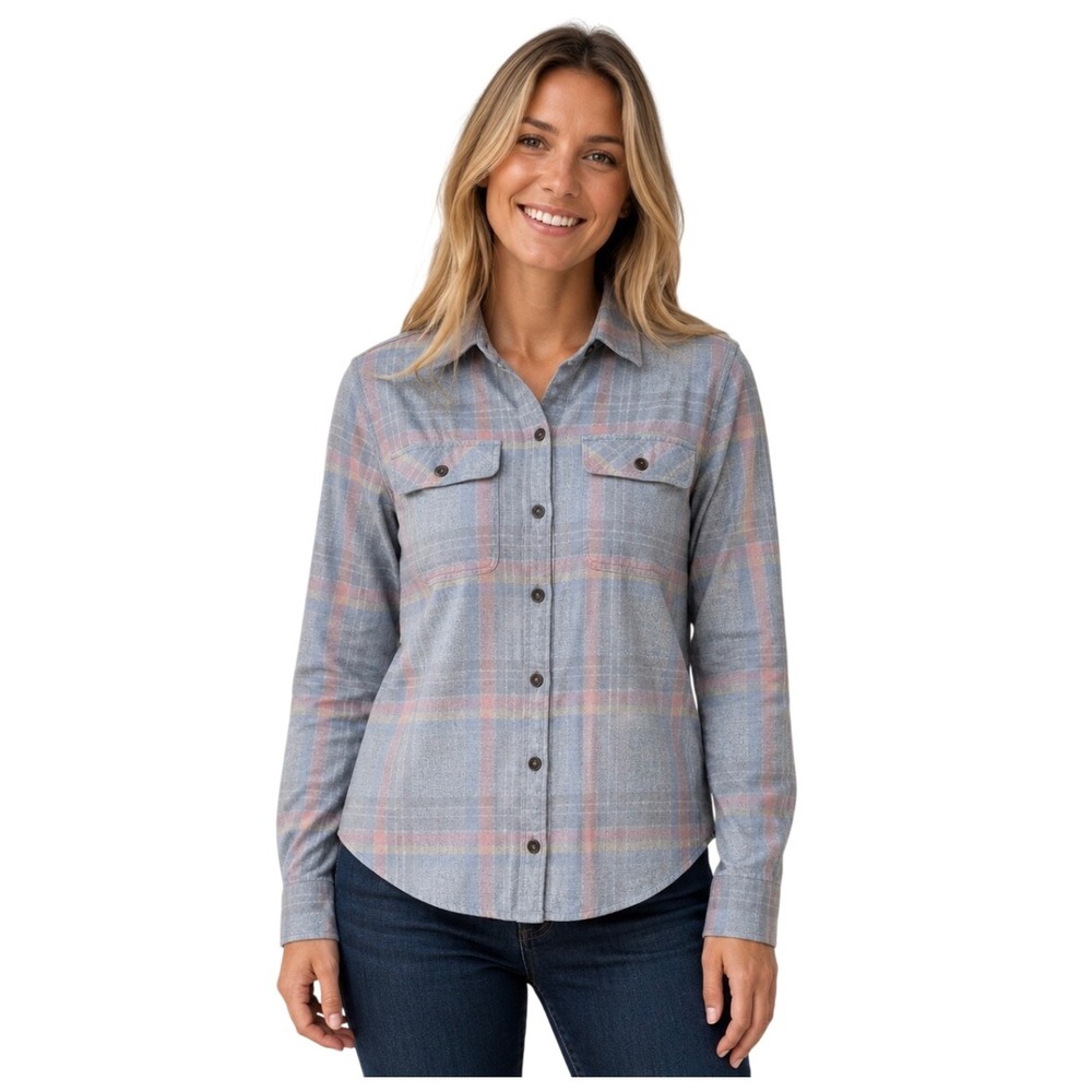Patagonia Womens Fjord Flannel Shirt Blue Pink Plaid Organic Cotton Small